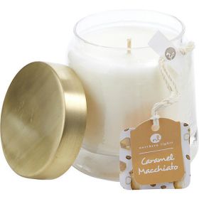 CARAMEL MACCHIATO by SCENTED SOY GLASS CANDLE 10 OZ. COMBINES ESPRESSO BEANS, STEAMED MILK, VANILLA, SALTED CARAMEL MAPLE SYRUP, & WHIPPED SWEET CREAM